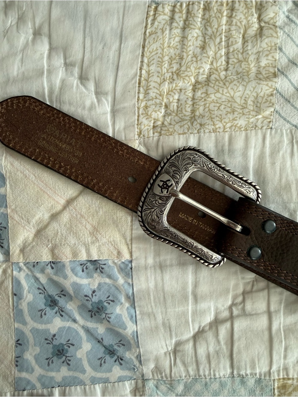 Ariat Brown Leather Belt with Ornate Silver Buckle